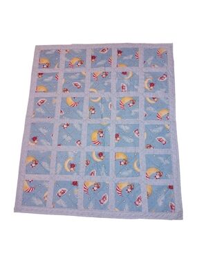 Handmade Nursery Patchwork Baby Quilt in Light Blue with Moon Print